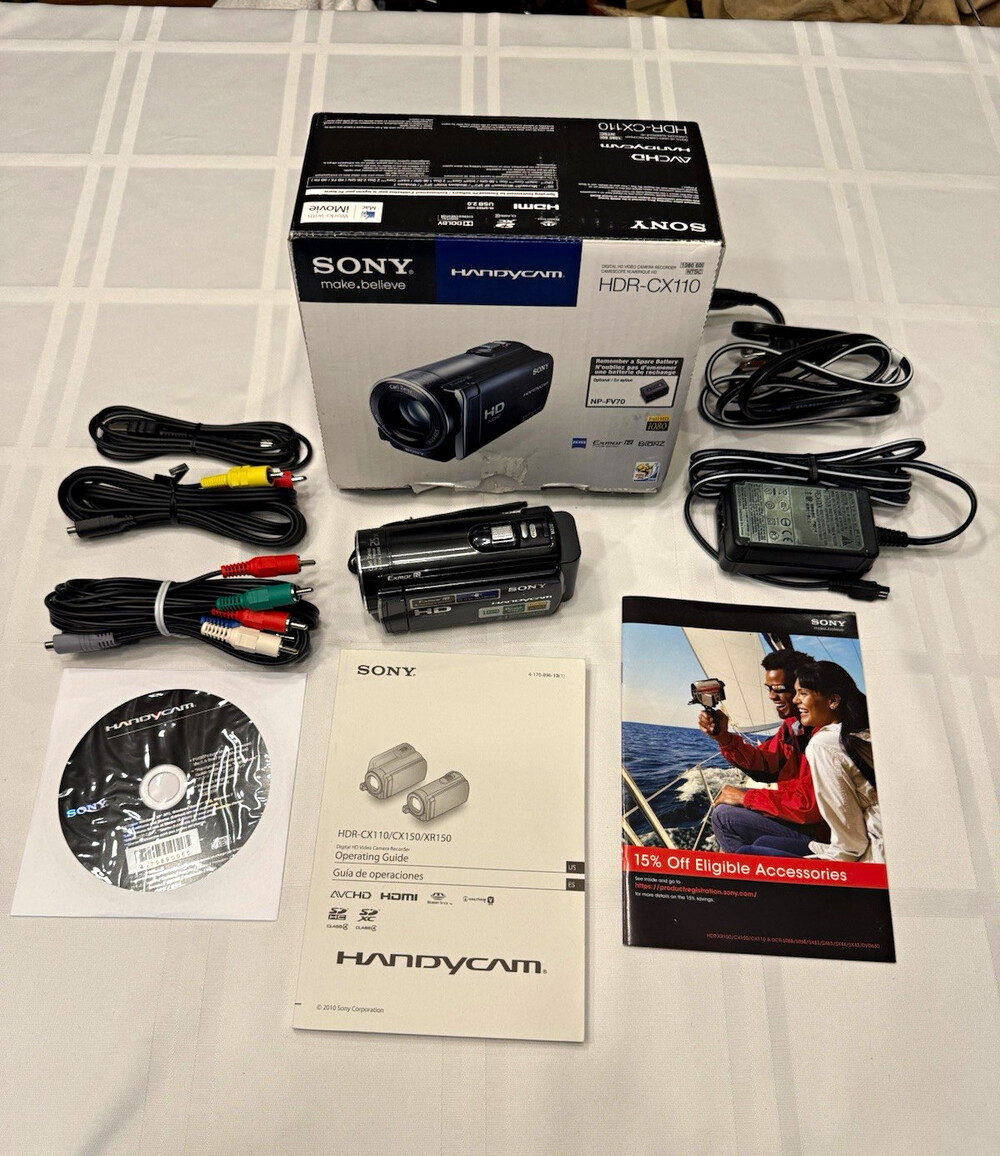 Sony Handycam HDR-CX110 HD Camcorder Bundle - Black - TESTED & WORKING + BOX